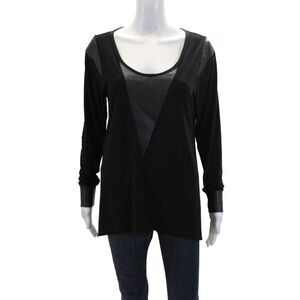 Natto Womens Leather Trim Scoop Neck Long Sleeve Blouse Top Black Size M
